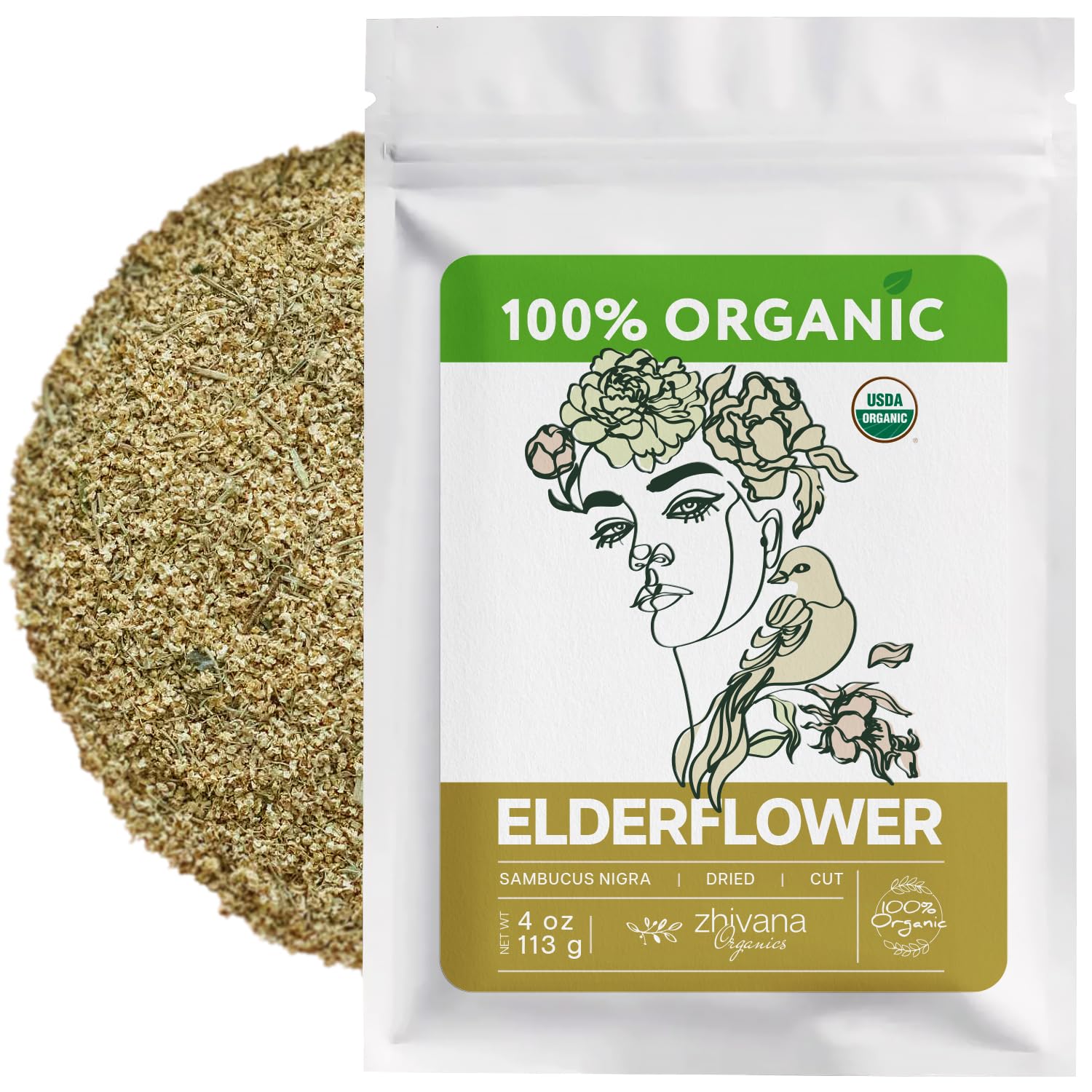 Zhivana Organics pouch front view showing elderflower tea packaging and freshness