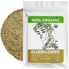 Zhivana Organics pouch front view showing elderflower tea packaging and freshness