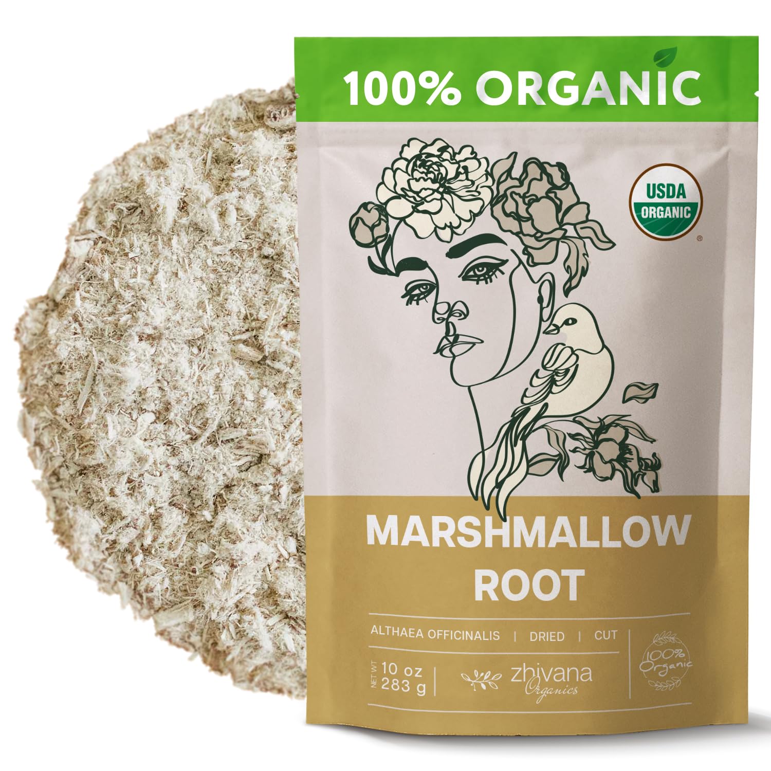 Zhivana Organics front packaging showing organic marshmallow root and benefits
