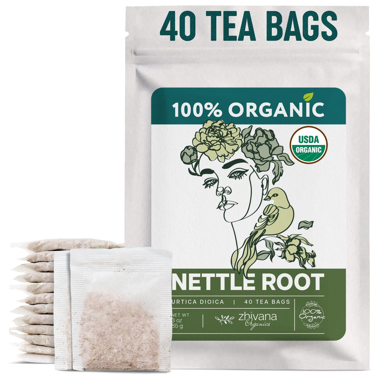 Zhivana Organics front packaging showing 40 tea bags and organic label benefit
