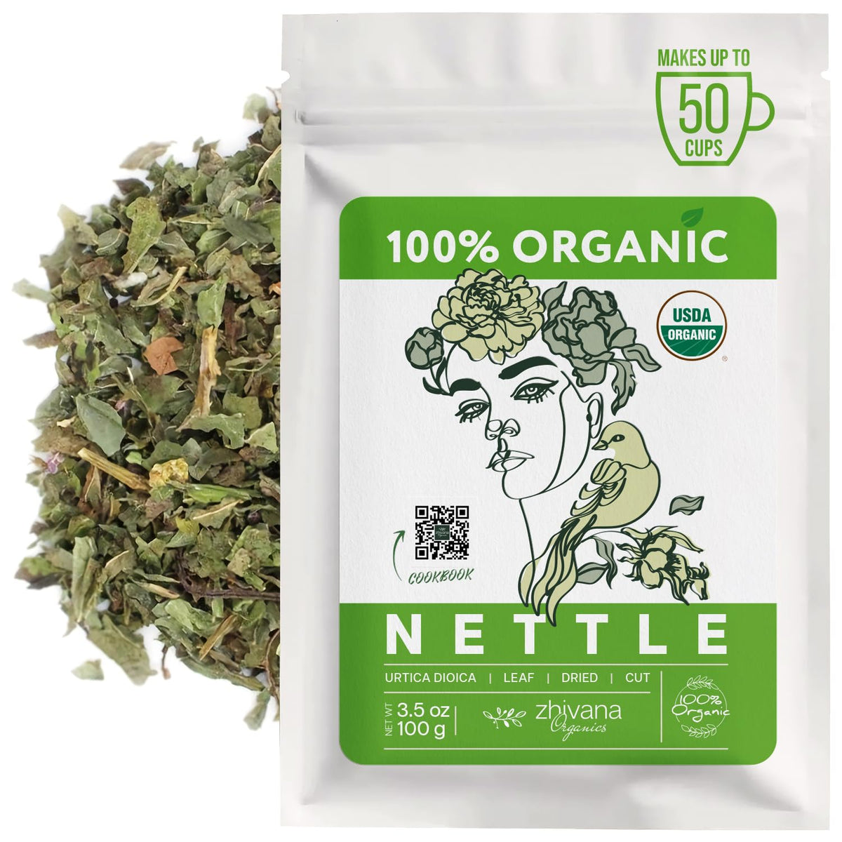 Zhivana Organics front packaging showing organic nettle and clear labeling benefit: traceable quality