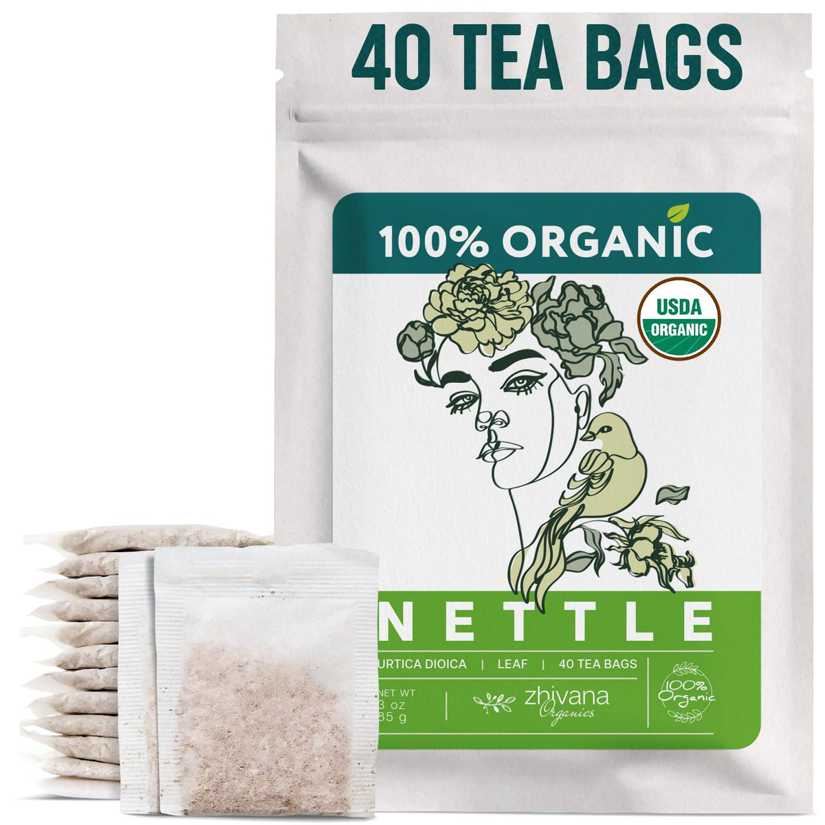 Zhivana Organics front packaging showing 40 tea bags and USDA Organic badge