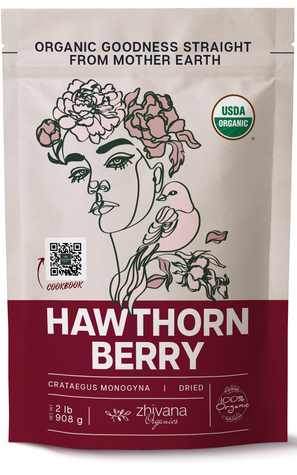 Zhivana Organics front packaging showing 32oz organic hawthorn benefits