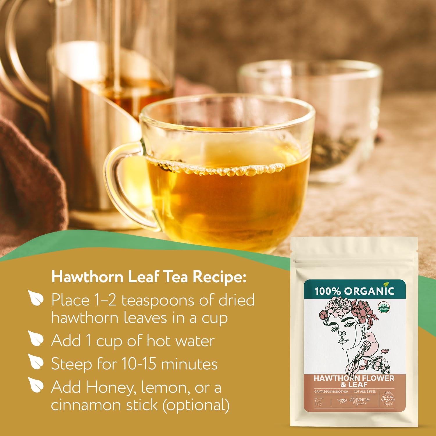 Zhivana Organics display of hawthorn flowers and leaves showing natural sourcing
