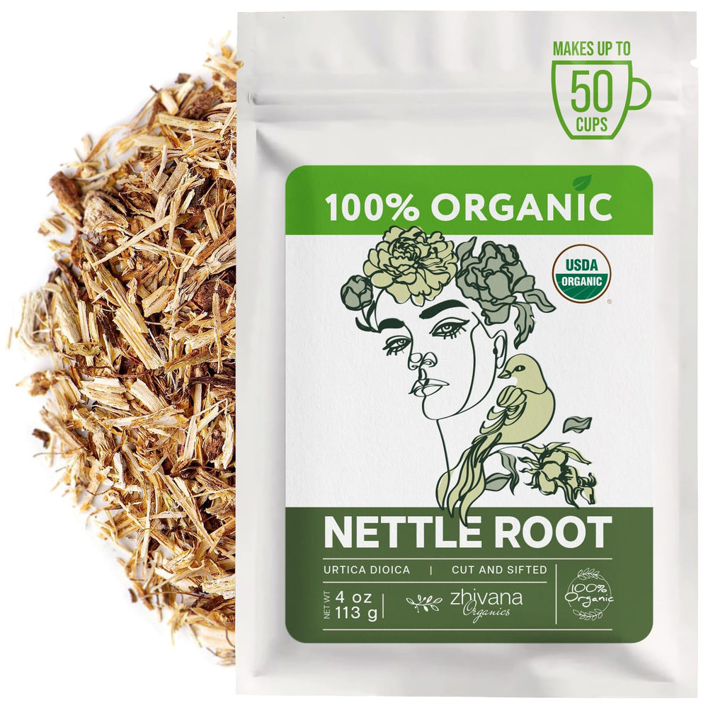 Zhivana Organics front packaging showing 4oz nettle root, clear view and purity benefit