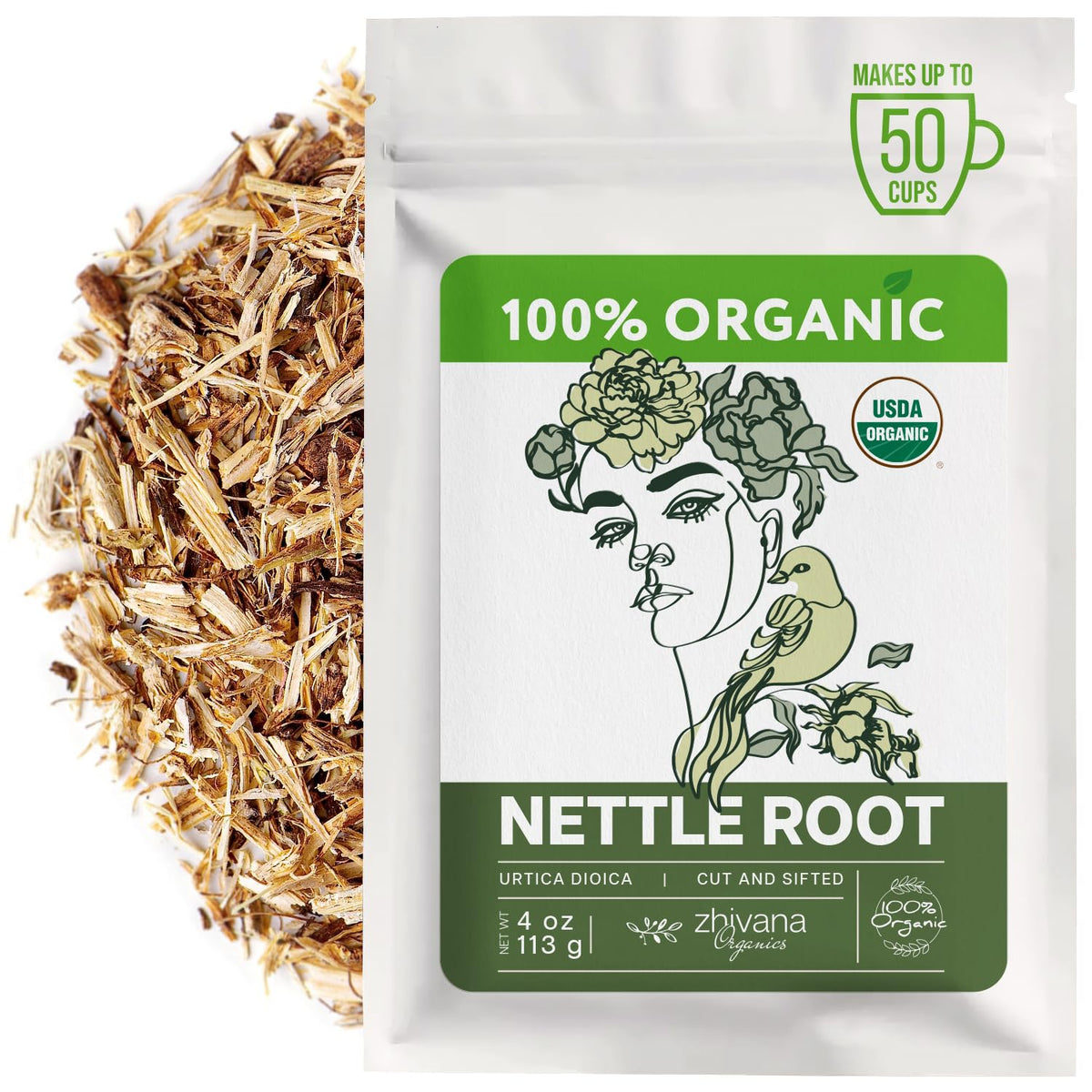 Zhivana Organics front packaging showing 4oz nettle root, clear view and purity benefit