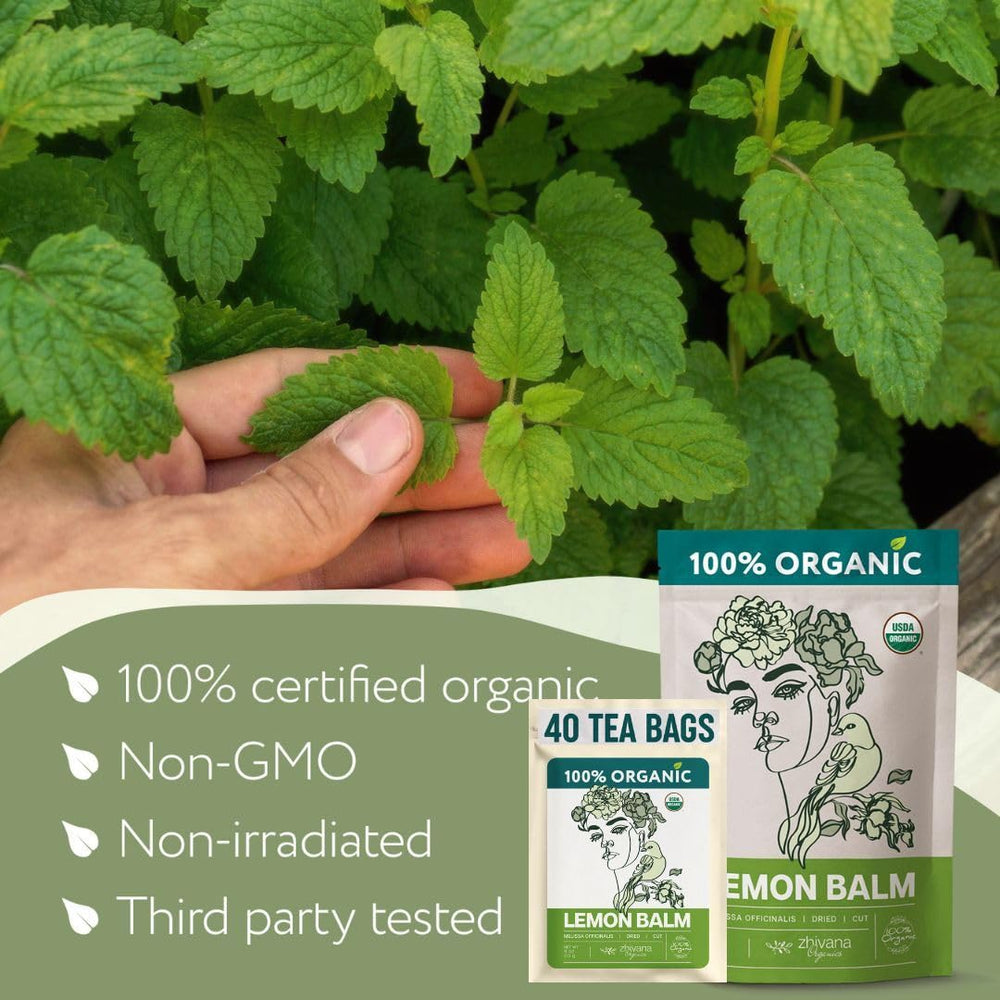Zhivana Organics tea bag close-up with visible Melissa leaf pieces for pure quality