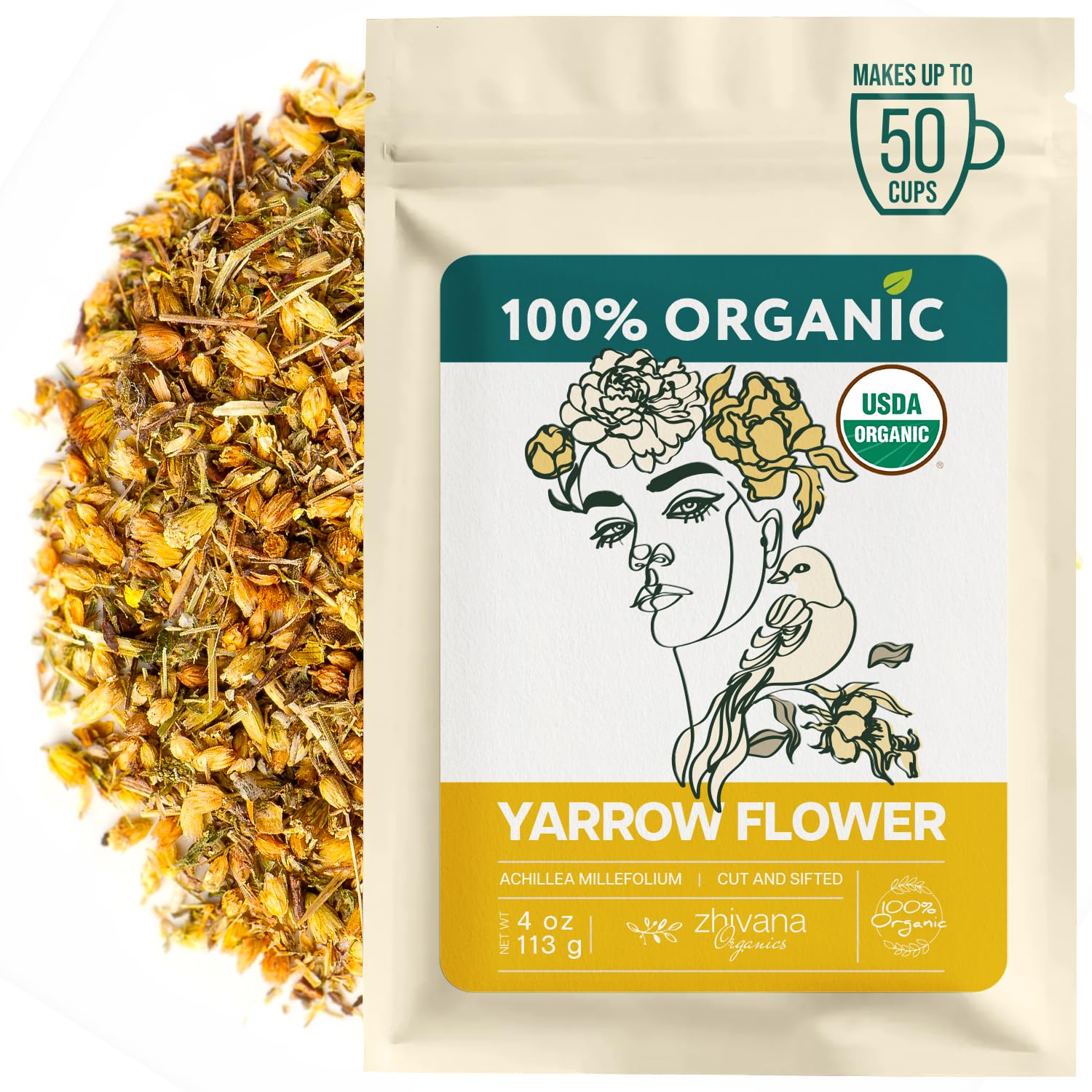 Zhivana Organics front packaging showing 4oz yarrow tea and organic badge benefit