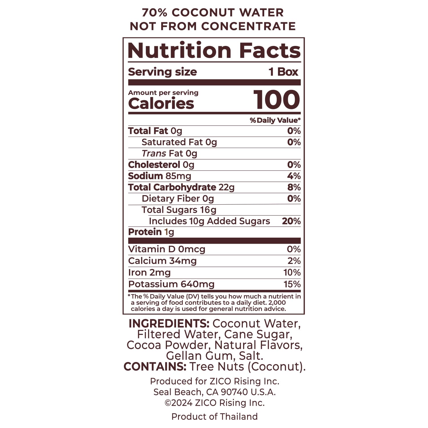 Zico side label close-up with ingredients and nutrition visible, shows natural electrolyte content