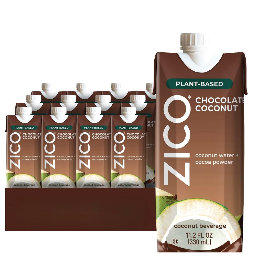 Zico front packaging showing chocolate coconut water bottle and branding, highlights dairy-free benefit