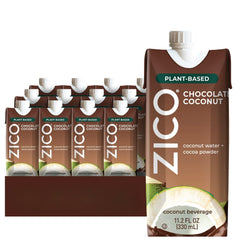Zico front packaging showing chocolate coconut water bottle and branding, highlights dairy-free benefit