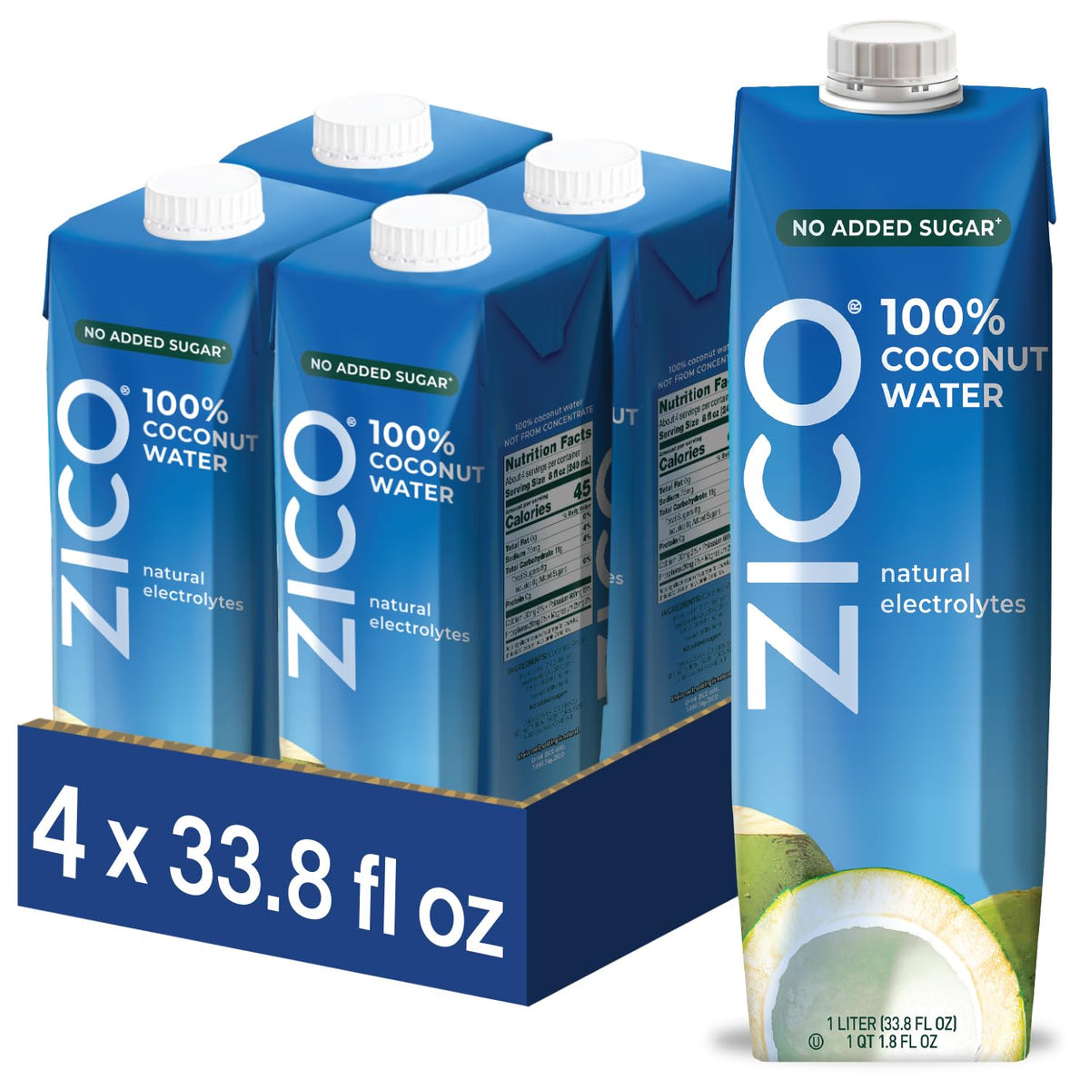 ZICO front packaging four-pack cartons showing brand and multi-serve convenience