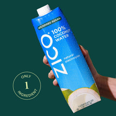 ZICO carton beside common items showing scale and fridge-ready storage benefit