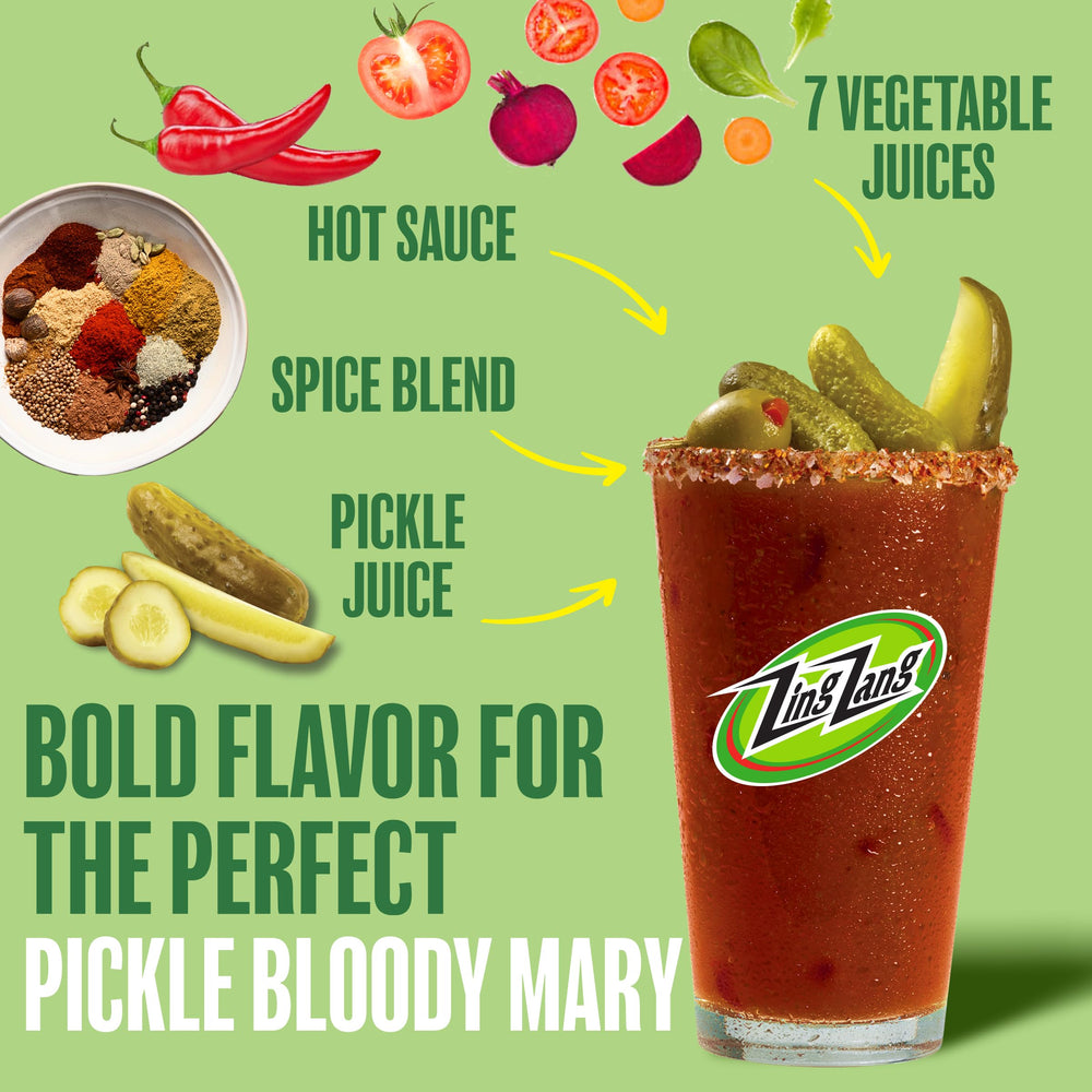 Zing Zang garnished cocktail with pickle spear showing serving inspiration benefit
