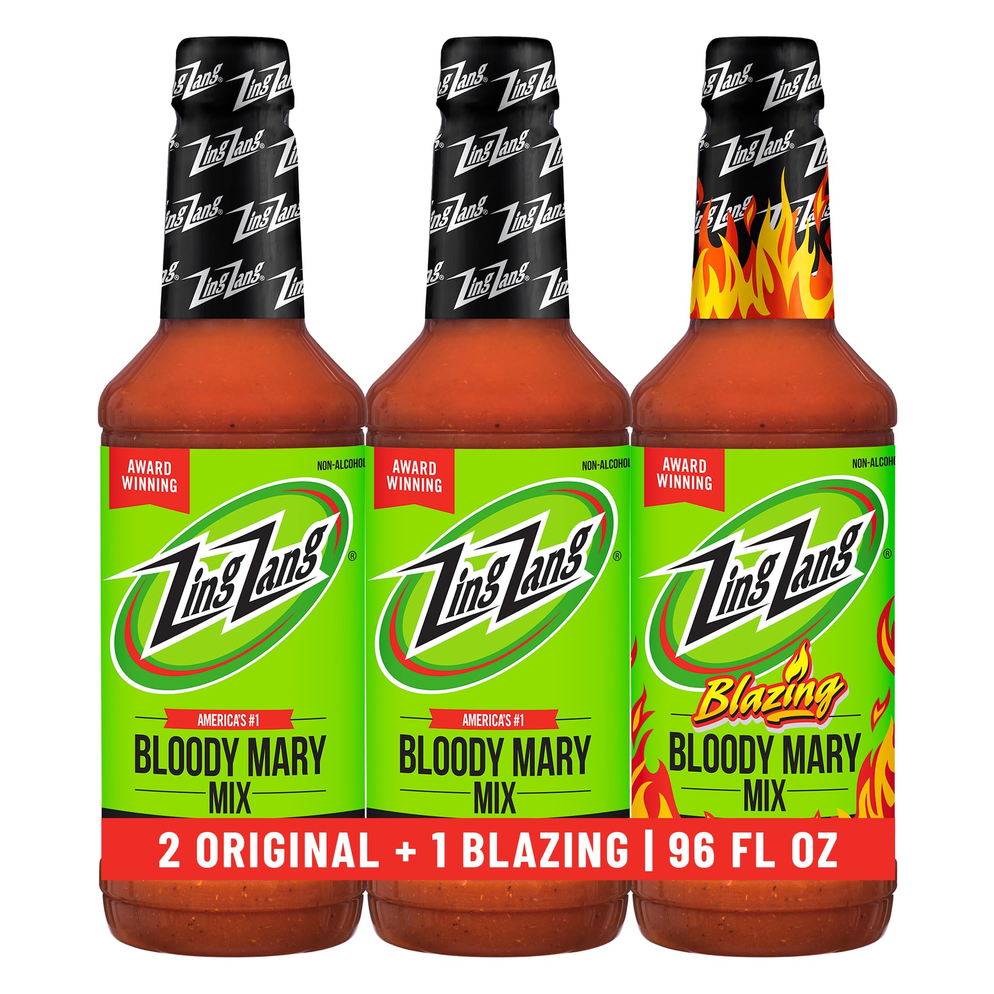 Zing Zang front packaging showing three 32 fl oz bottles and variety mix benefits