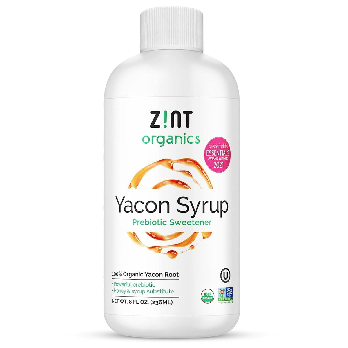 Zint yacon syrup bottle front view, natural sweetener benefits