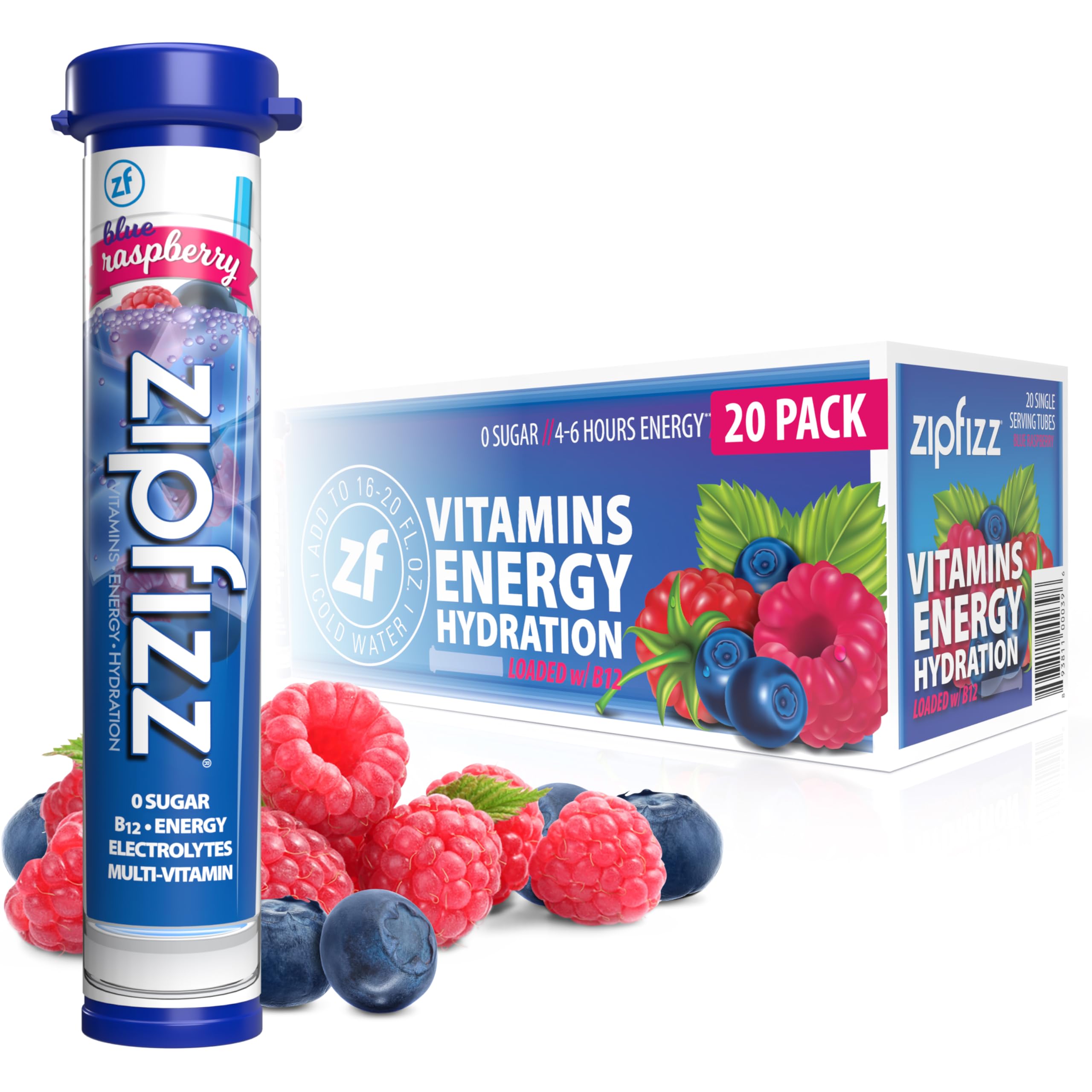Zipfizz front packaging showing blue raspberry tubes and brand for energy on-the-go