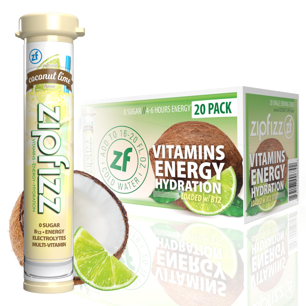 Zipfizz coconut lime front pouch showing packaging and flavor benefit