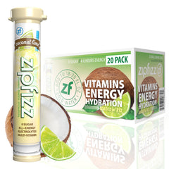 Zipfizz coconut lime front pouch showing packaging and flavor benefit
