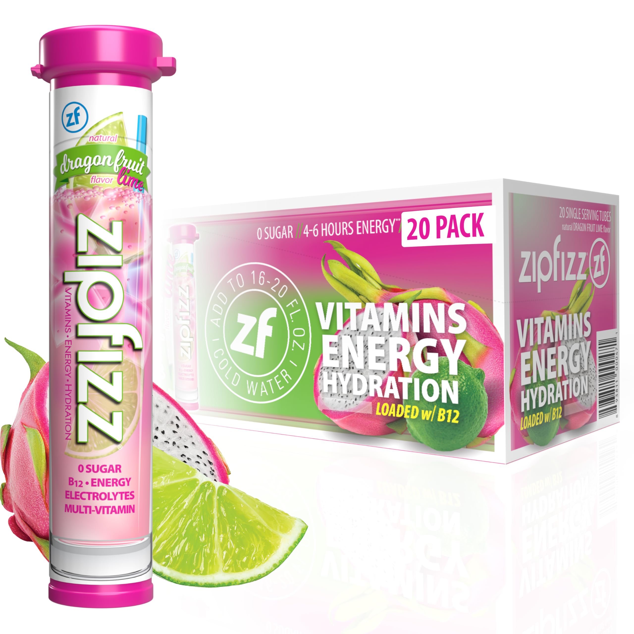 Zipfizz front packaging showing Dragon Fruit Lime flavor and health benefits