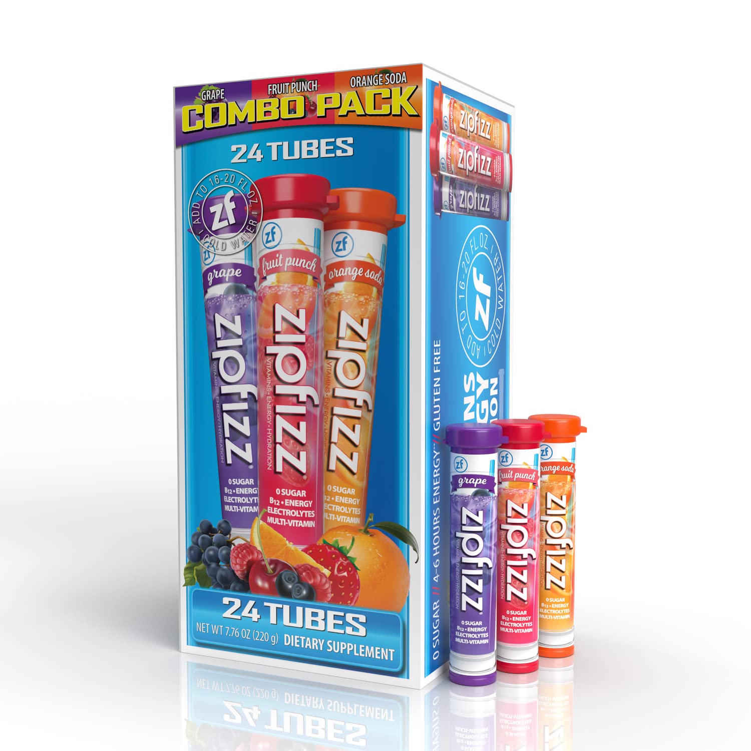 Zipfizz front packaging combo pack showing three flavors and quantity benefit