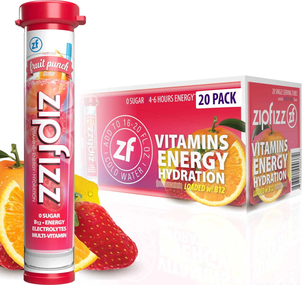 Zipfizz front packaging showing 20-pack Fruit Punch and benefits