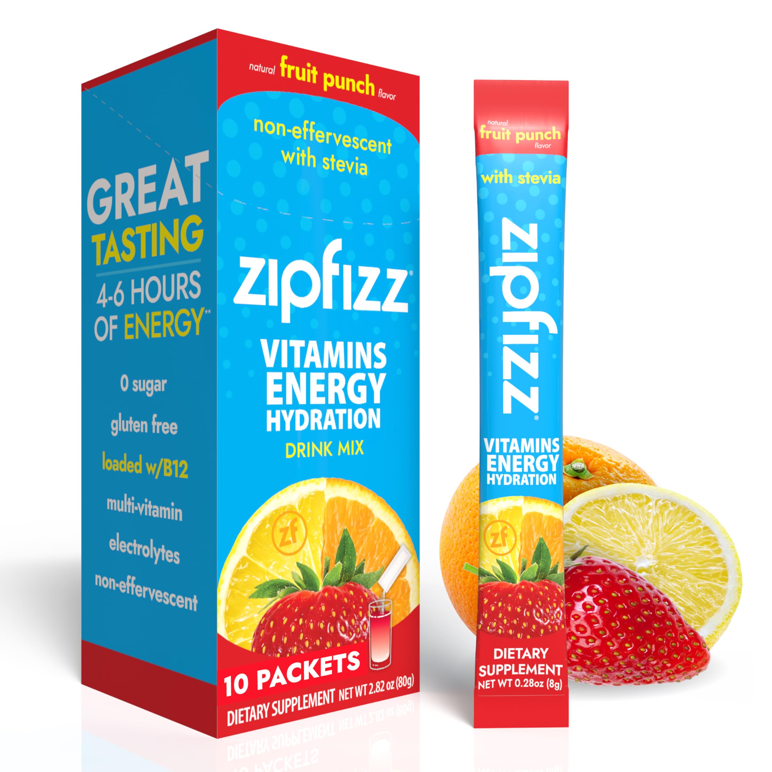 Zipfizz front packaging showing Fruit Punch sachets and benefits