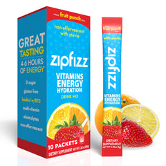 Zipfizz front packaging showing Fruit Punch sachets and benefits