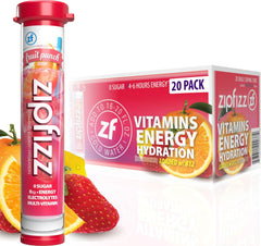 Zipfizz front packaging showing 20-pack Fruit Punch and benefits