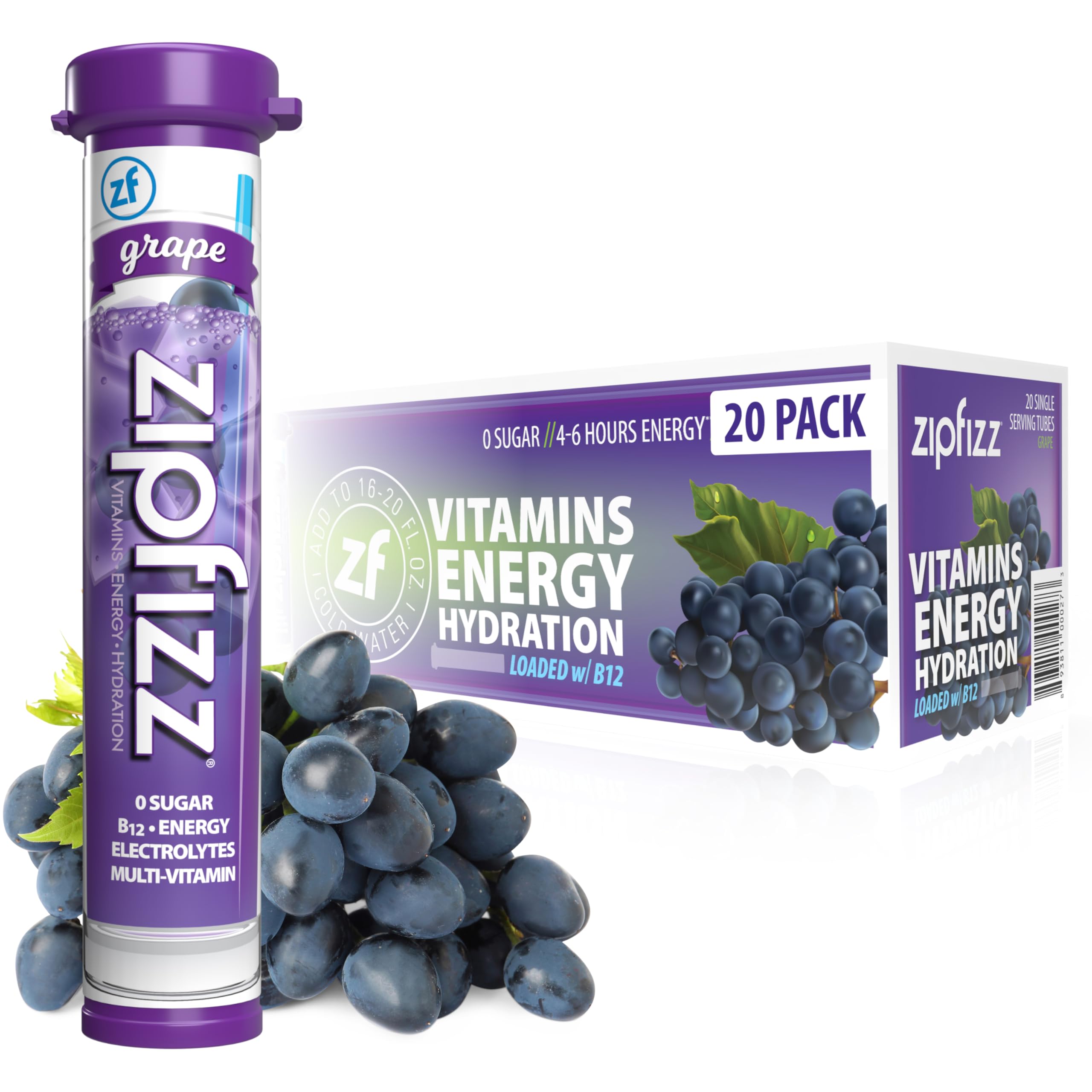 Zipfizz grape front pouch showing 20 single-serve tubes and brand logo for convenience
