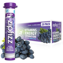 Zipfizz grape front pouch showing 20 single-serve tubes and brand logo for convenience