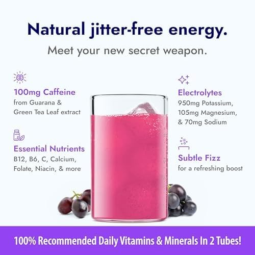 Bottle with Zipfizz grape mixed and effervescent showing fast hydration on the go