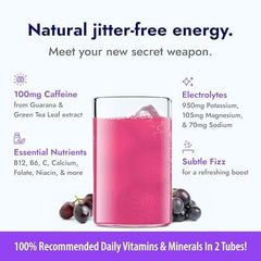 Bottle with Zipfizz grape mixed and effervescent showing fast hydration on the go