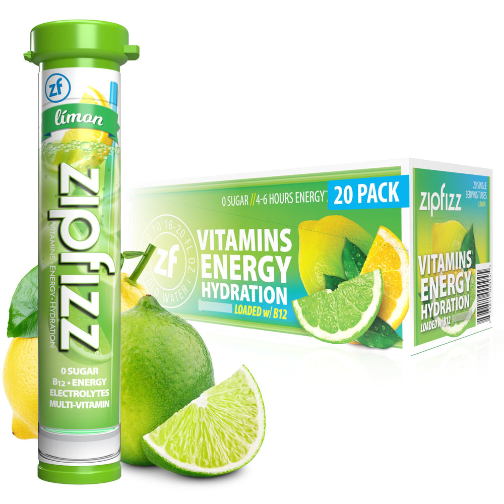 Zipfizz limon front packaging showing 20-pack and vibrant flavor benefits