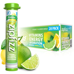Zipfizz limon front packaging showing 20-pack and vibrant flavor benefits