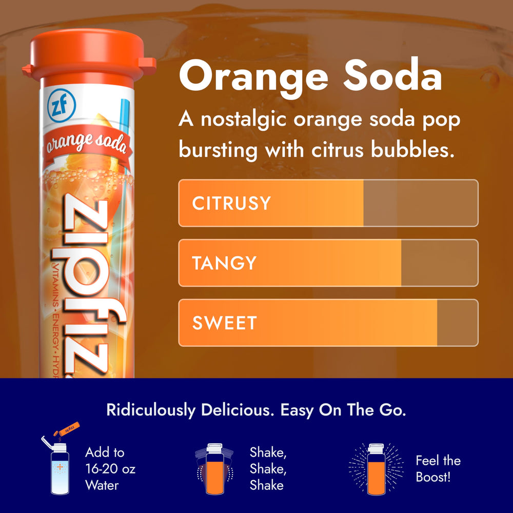 Zipfizz mixed drink in clear bottle demonstrating vibrant orange flavor and hydration