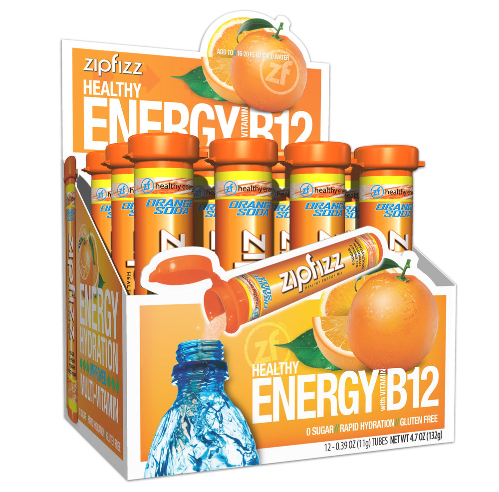 Zipfizz orange soda front pouch showing bright packaging and single-serve convenience