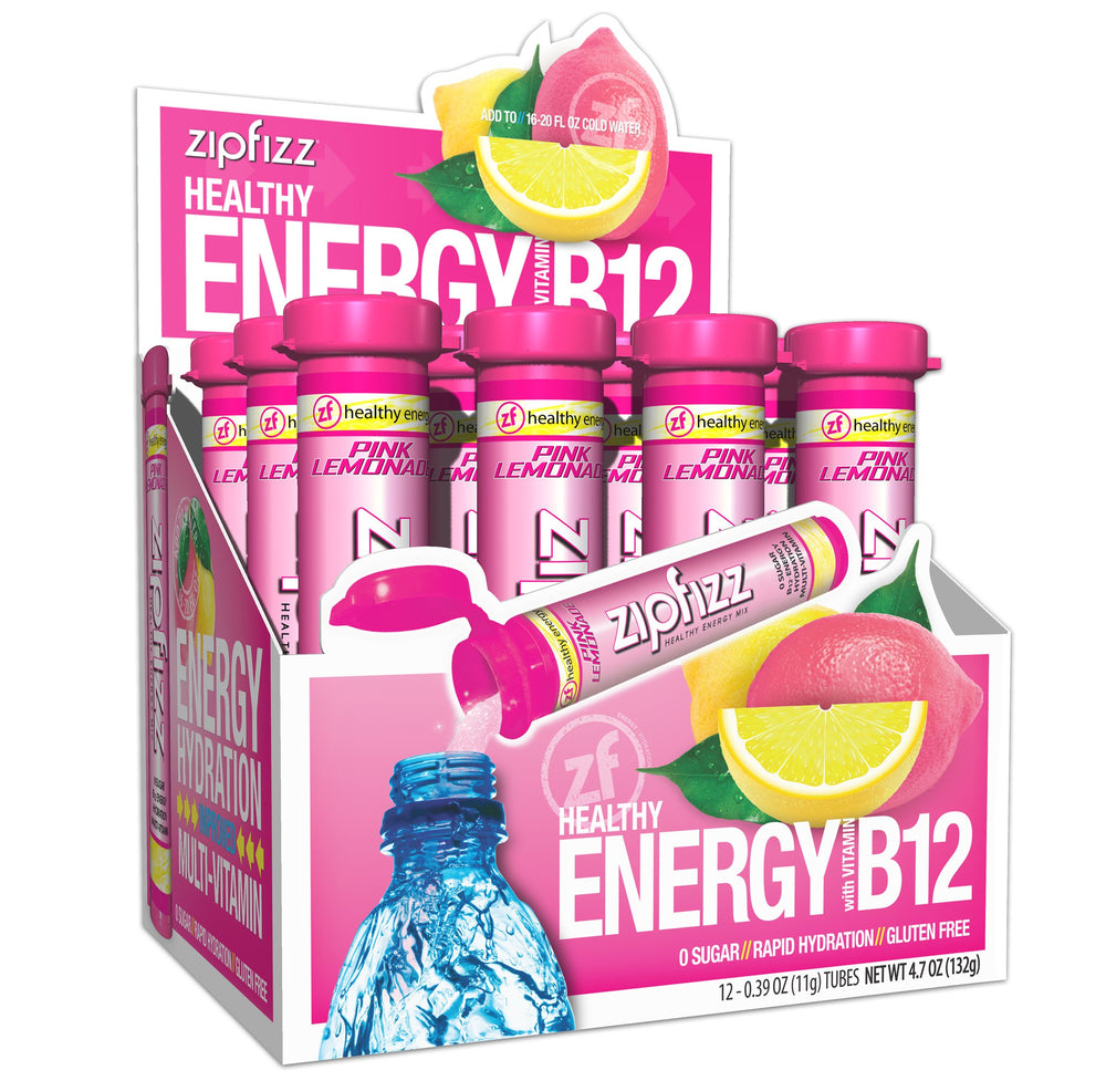 Zipfizz front pack view showing pink lemonade tubes and branding for quick energy