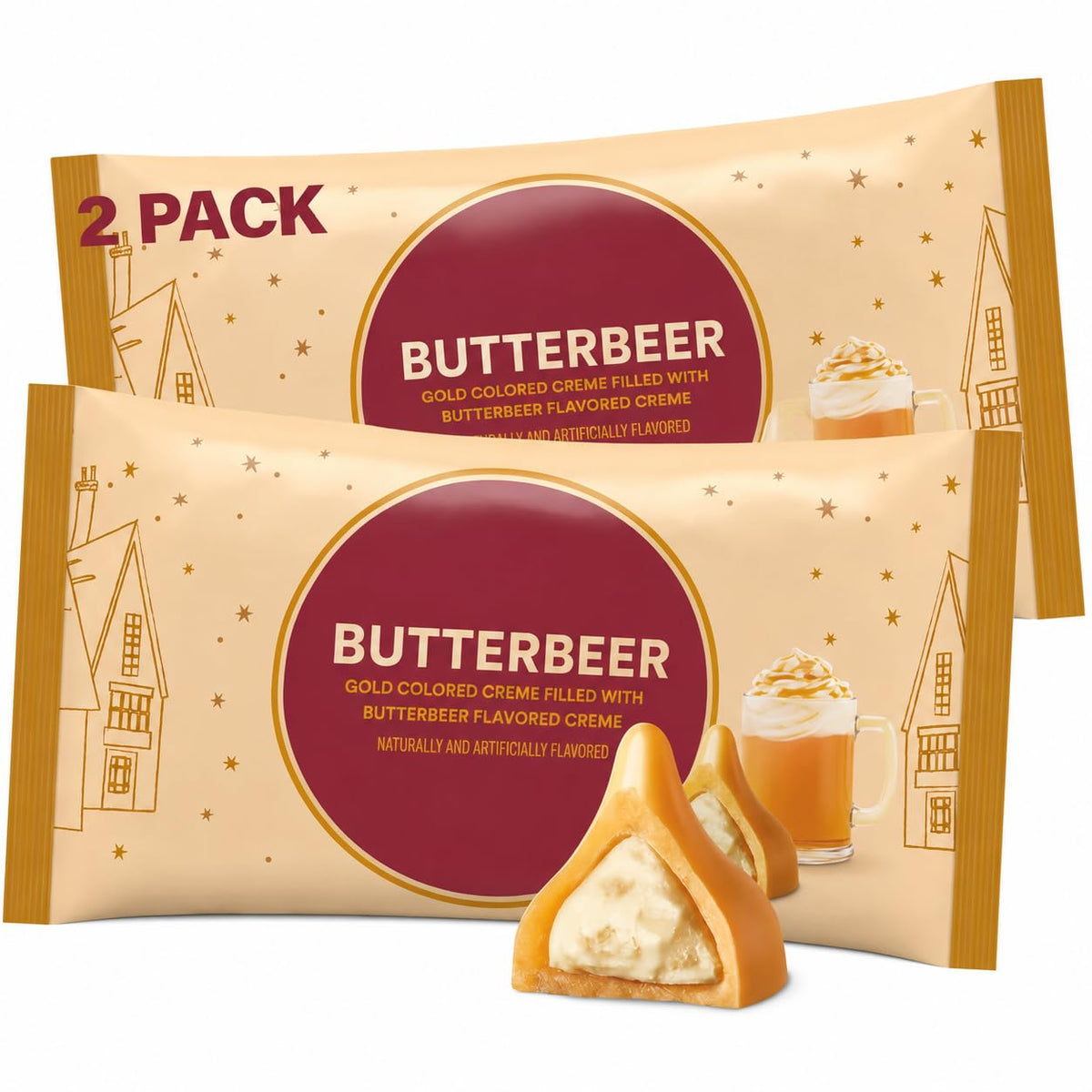 Zisbers front packaging showing gold butterbeer creme bags for eye-catching display