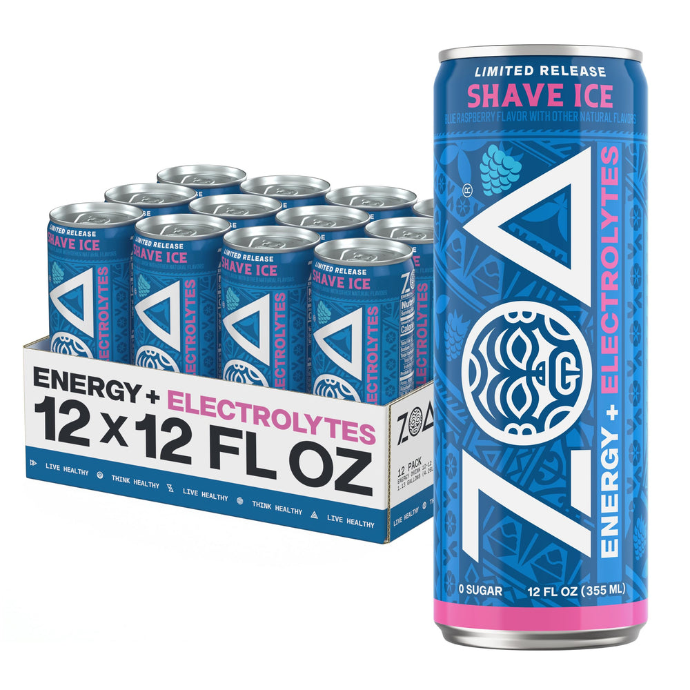 ZOA front packaging showing blue raspberry flavor and zero sugar benefits