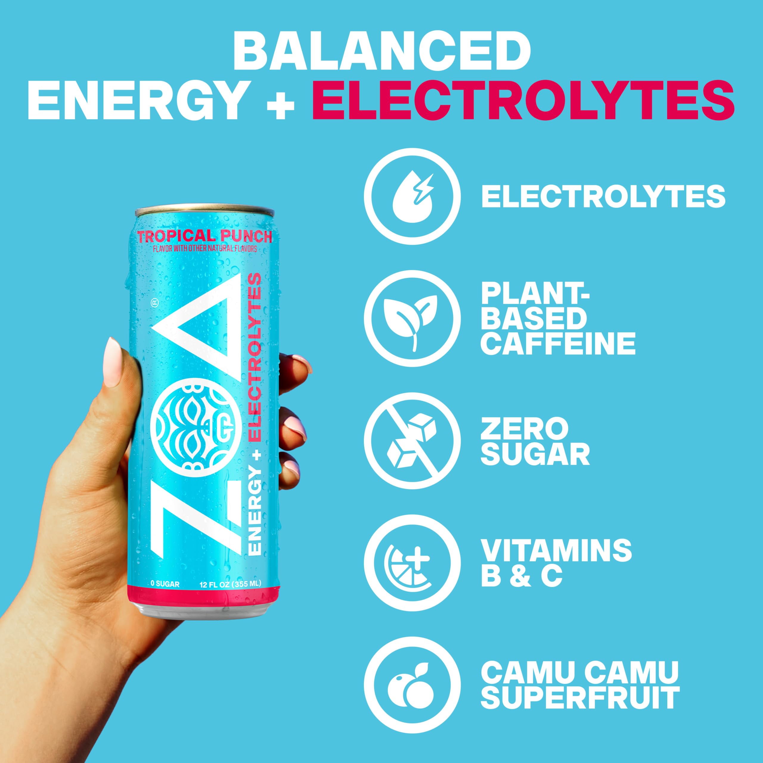 ZOA cans in cooler lifestyle shot showing on-the-go hydration and energy
