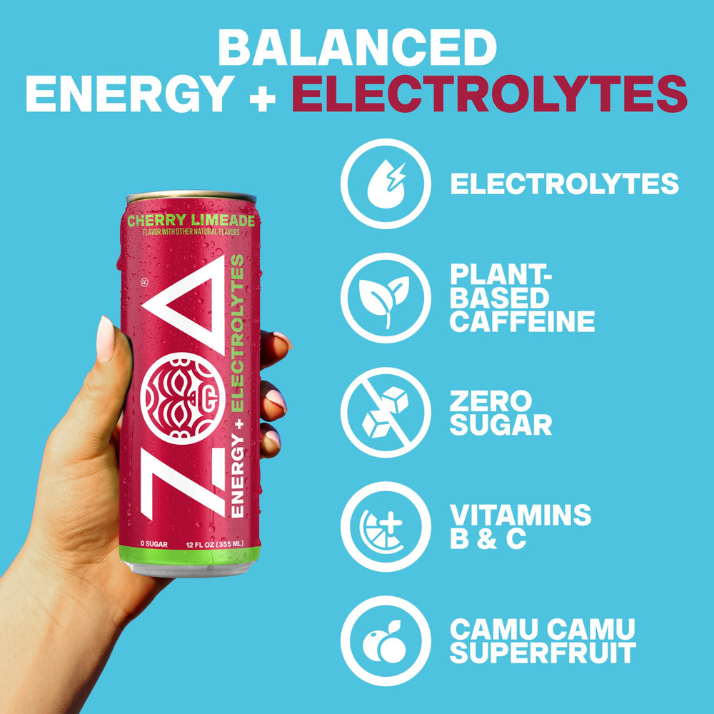 Person holding ZOA Cherry Limeade after workout illustrating quick energy