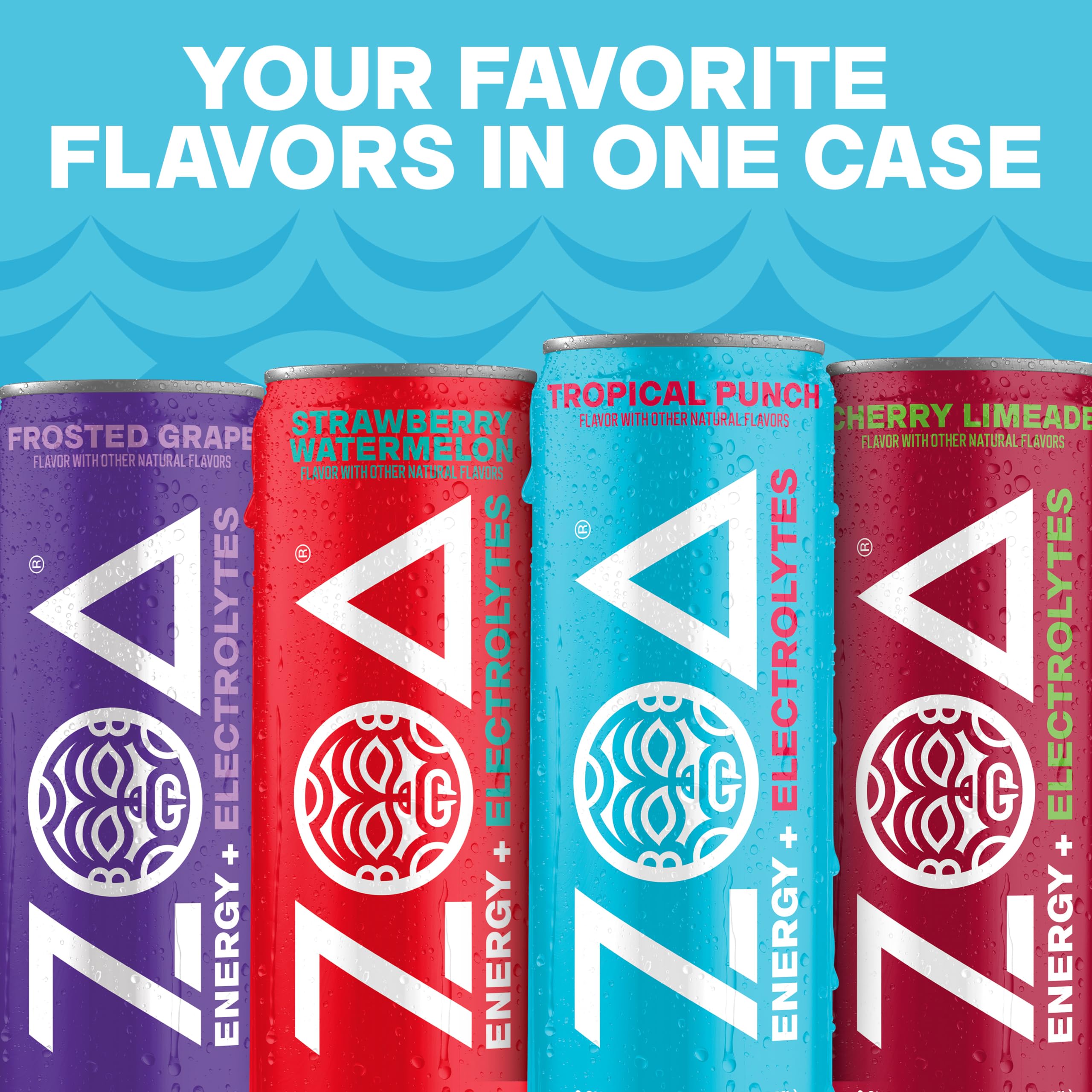 ZOA Frosted Grape can close-up showing cool grape flavor and low calories