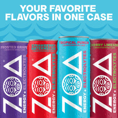 ZOA Frosted Grape can close-up showing cool grape flavor and low calories