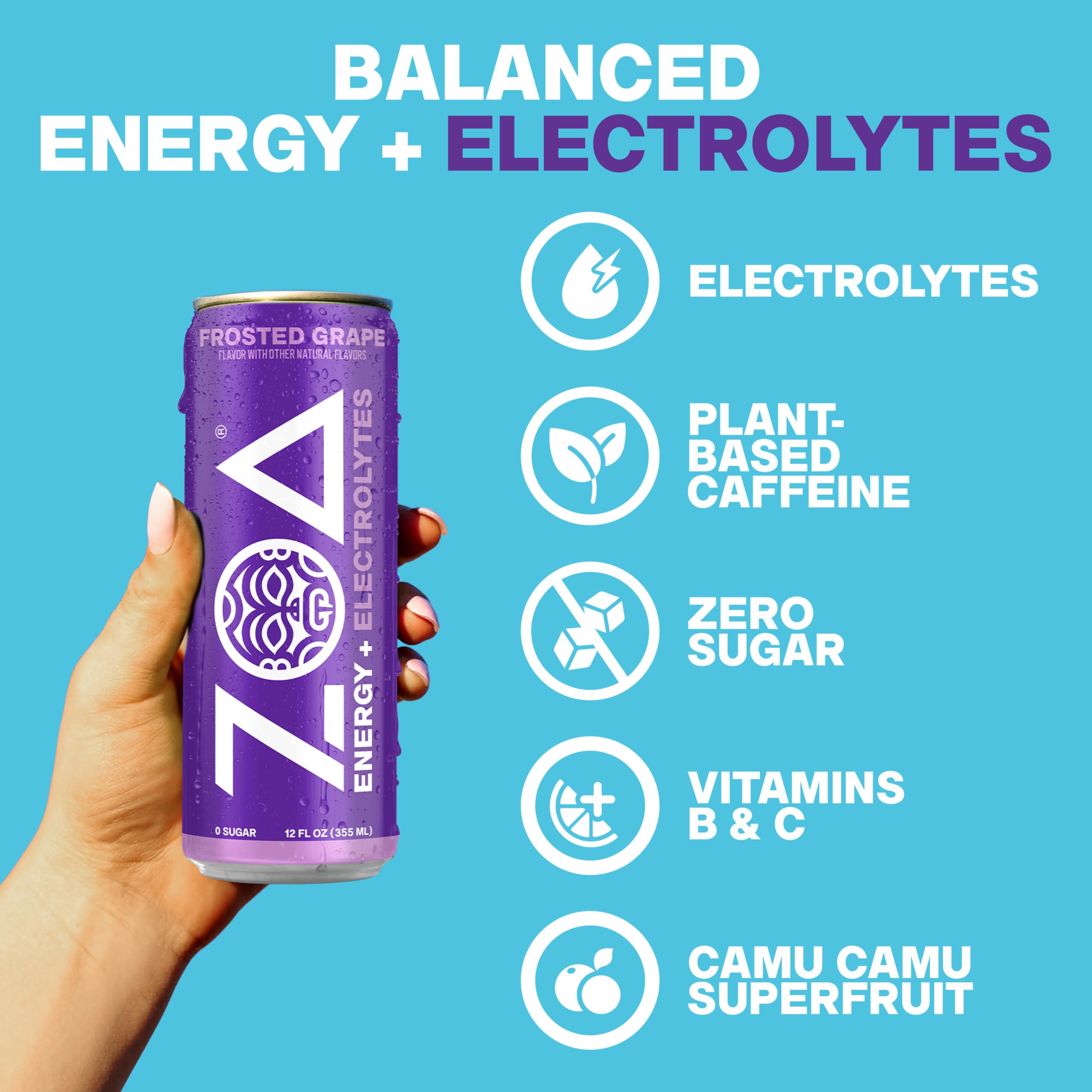 ZOA Frosted Grape nutrition label view showing zero sugar and vitamin info benefit