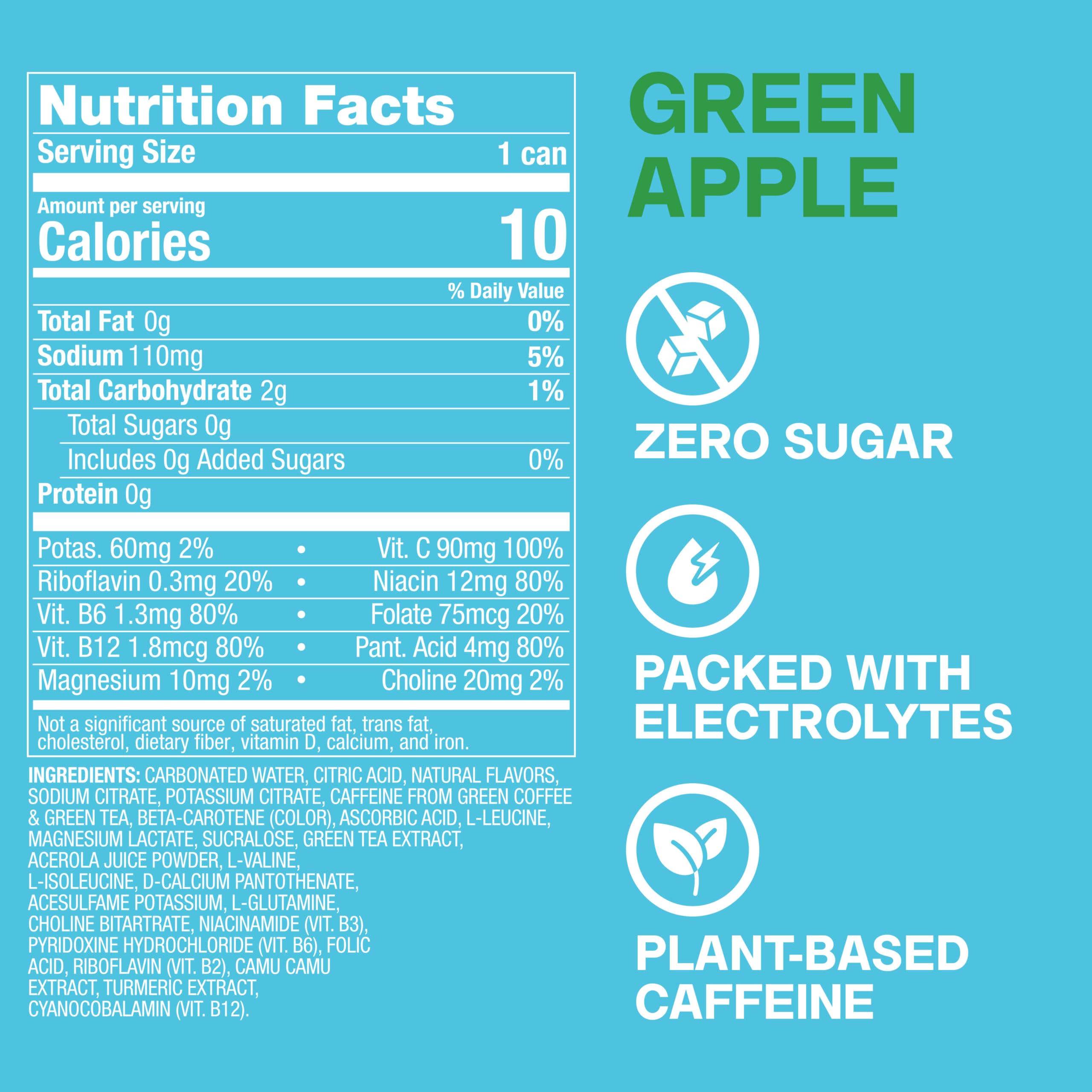 ZOA green apple can close-up label highlighting ingredients and calories