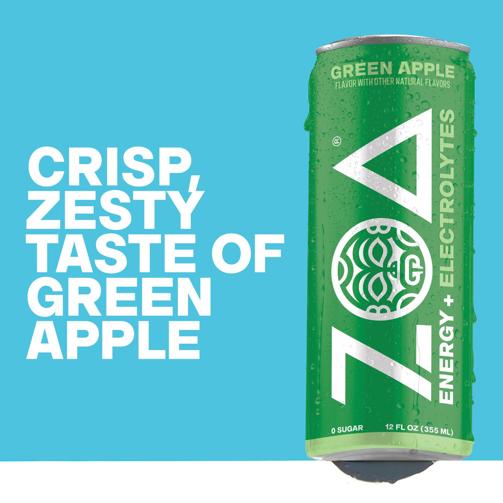 ZOA green apple poured into glass with ice for crisp refreshment