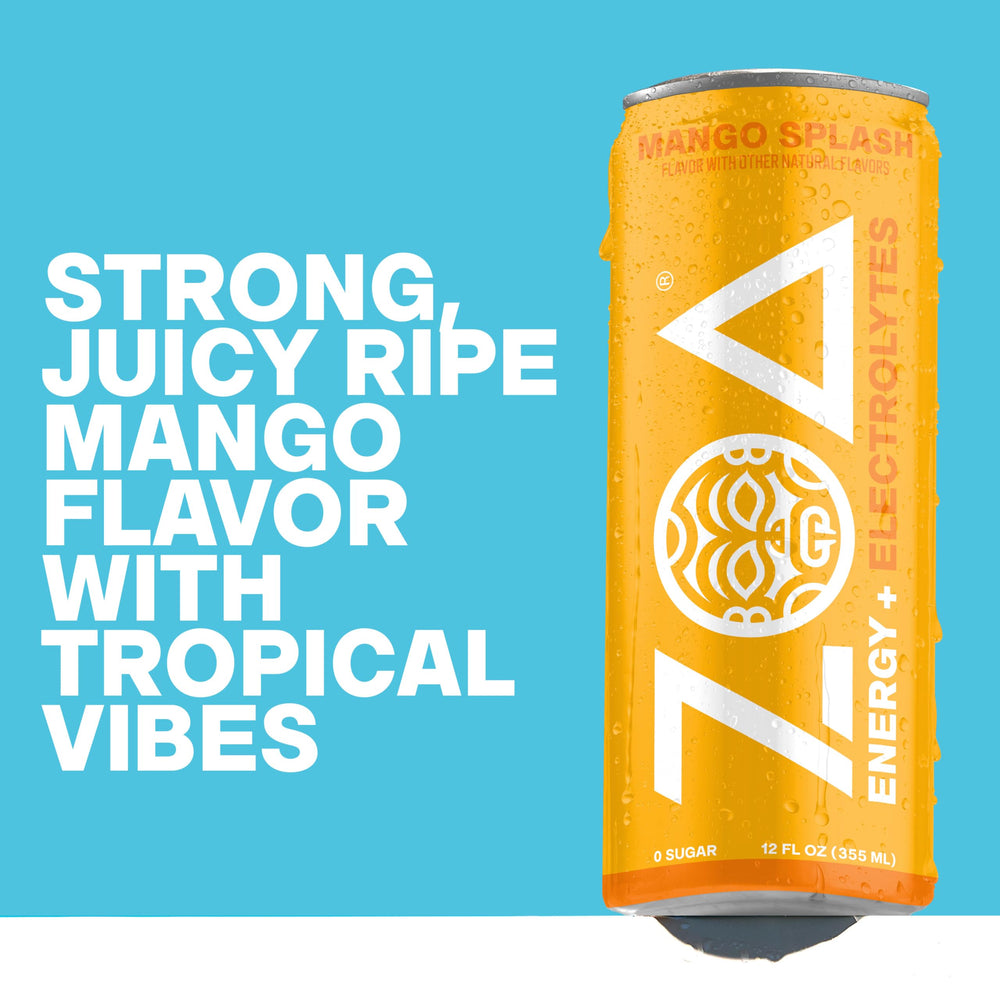 ZOA poured into glass showing fizzy mango drink for thirst-quenching refreshment