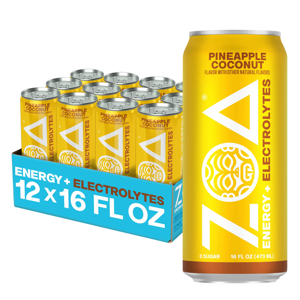 ZOA front packaging showing twelve pineapple coconut cans providing convenient stock