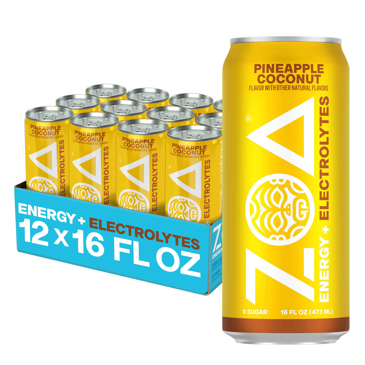 ZOA front packaging showing twelve pineapple coconut cans providing convenient stock